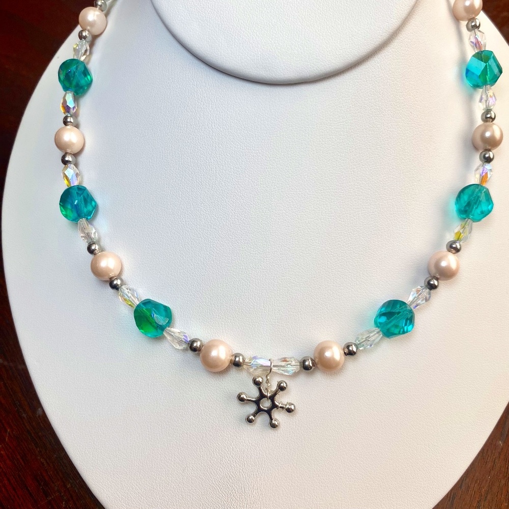 Silver Toned Snowflake with Pearl Antique Silver & Faceted Aqua & Clear Necklace